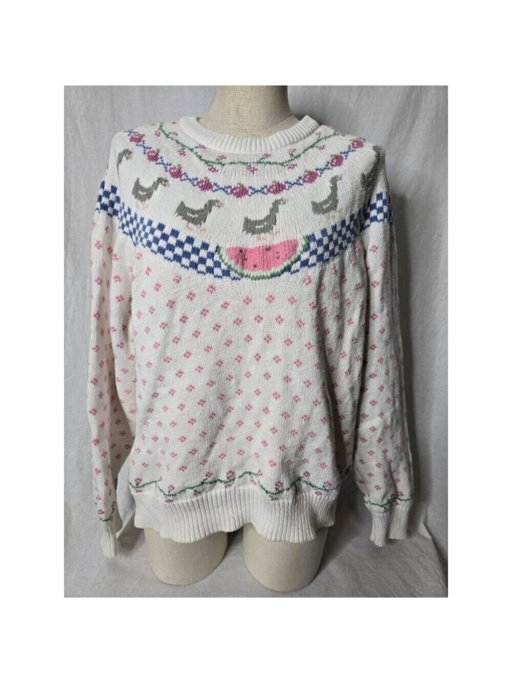 Vintage 80s Eddie Bauer Cute Ducks Watermelon Cotton Knit Pullover Sweater LRG